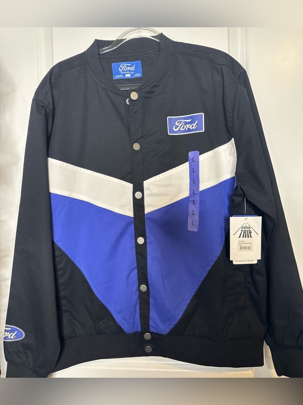 Ford motors Black, Blue & White Chevron Varsity Bomber Jacket cotton stretch LG